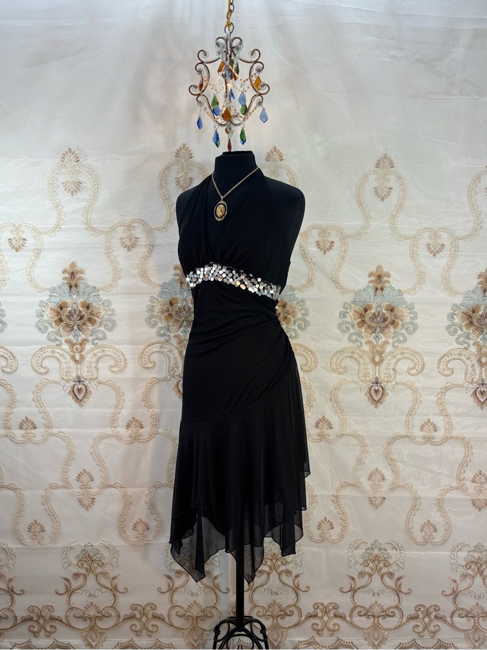 ✨Vintage Y2K Silver Sequins Trim Empire Waist Asymmetrical Fairy Dress✨